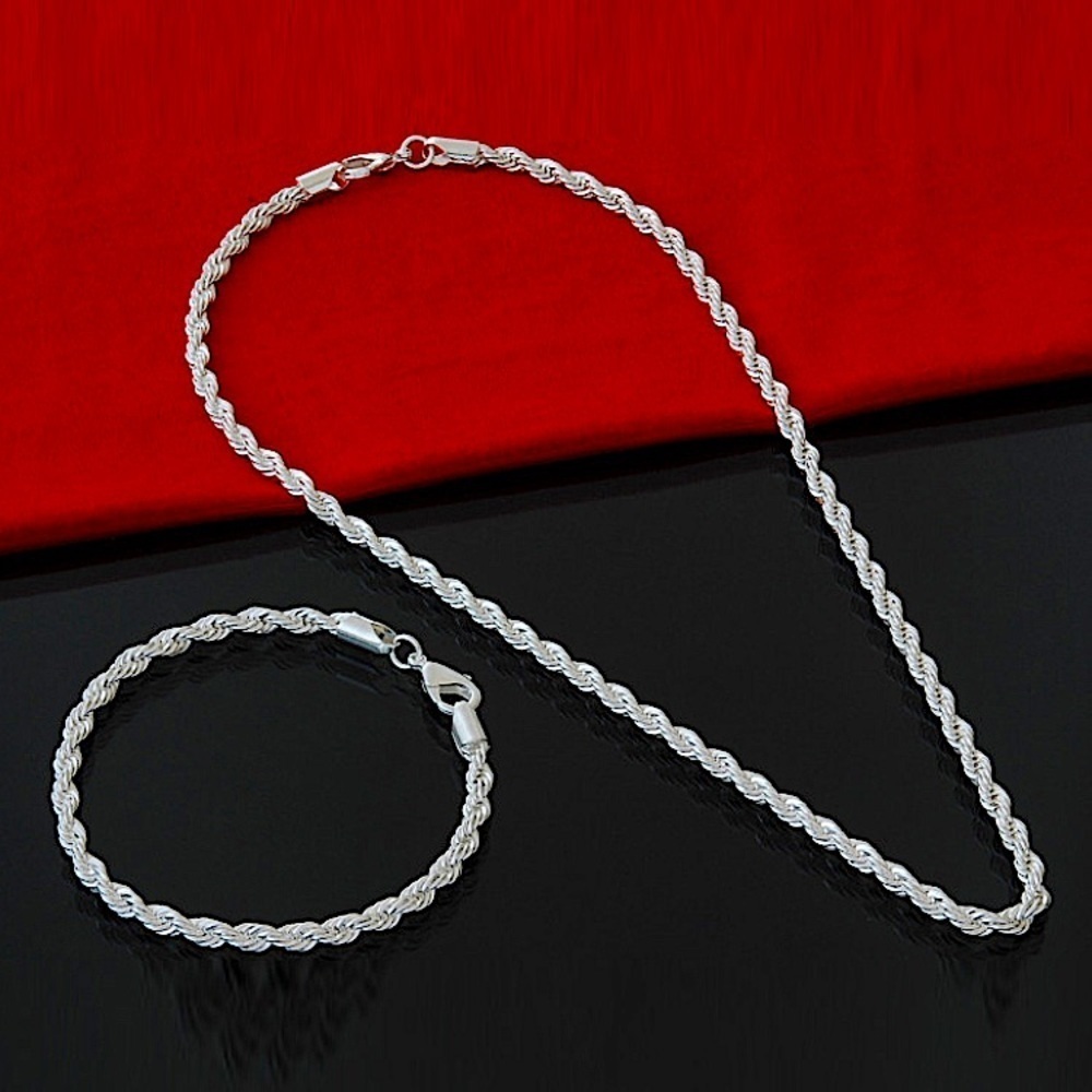Sterling Silver Rope Unisex Chain Link Necklace Bracelet Set